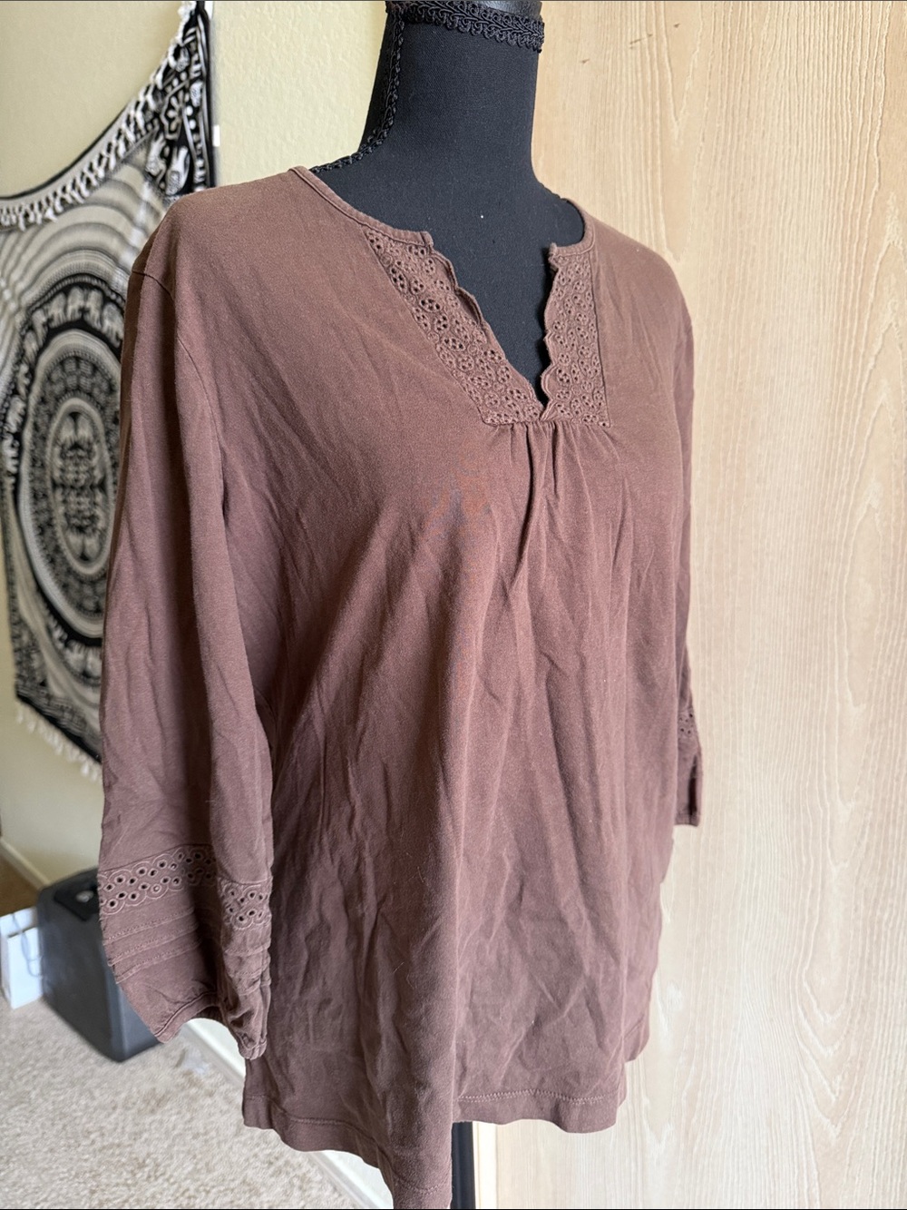 Kim Rogers Brown Eyelet V-Notch Tunic Top